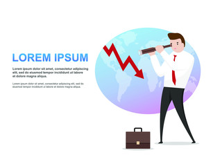 Red arrow decline with world map. Businessman looking to the graph. Concept of bankruptcy, failure, recession, crisis, target, goal, vision and financial losses on stock exchange market.