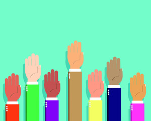 Fototapeta premium Businessman hands up. meeting, vote, question, comment, teamwork, communication. Group ethnic. business concept