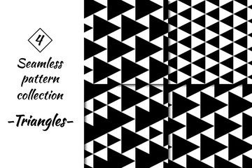 Triangles seamless patterns collection. Folk prints. Ethnic ornaments set. Tribal wallpapers kit. Geometrical background