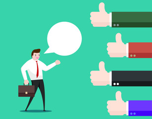 Businessman with speech bubble. success talking, meeting, good idea, decision, comment, sharing idea, thinking, great suggestion. business communication concept