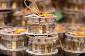 Package of essential oil varients in souvenir shop in a touristic city with nice decoration close up view in Bali