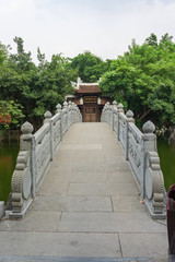 Hanoi, Vietnam Oct 16, 2019. Very beautiful traditional bridge to the temple on the lake. Vertical