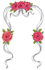 Hand drawn vintage blooming red roses with bow ribbon for decoration, Botanical illustration.