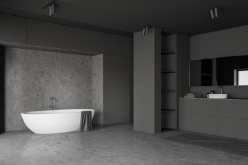 Fototapeta na wymiar Gray loft bathroom corner, tub and sink