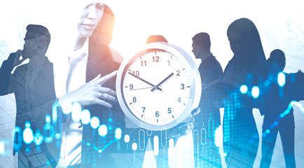 Business team with clock in city, plan and graph