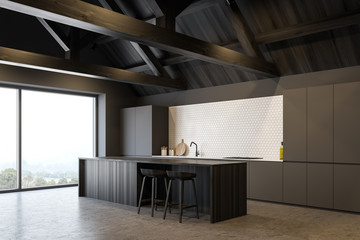 Attic gray kitchen corner with bar