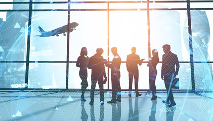 Business people in panoramic office, network