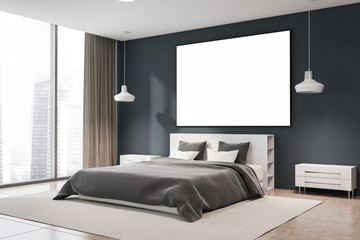Dark grey panoramic bedroom corner with poster
