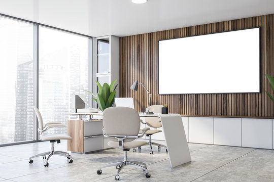 Wooden panoramic CEO office corner with poster