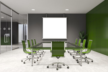 Green and gray meeting room with mock up screen