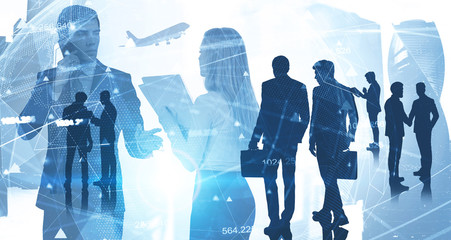 Diverse business team in city, internet connection