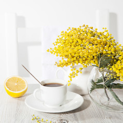 Morning coffee on table. Vase with mimosa, a symbol of Women's Day, a jug of water on a sunny day.