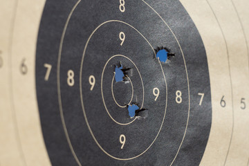 Close up of a shooting target and bullseye with bullet holes