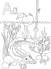 Vector illustration. Coloring book for children learning English alphabet. Learn and play. The picture is arranged using various objects on the studied letter.