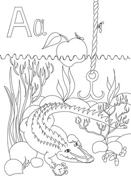 Vector illustration. Coloring book for children learning English alphabet. Learn and play. The picture is arranged using various objects on the studied letter.