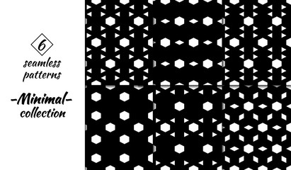 Hexagons, triangles, rhombuses, diamonds, lozenges seamless patterns collection. Folk prints. Ethnic ornaments set