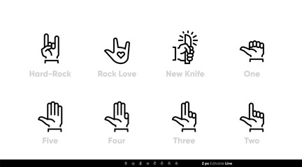 Hand Gesture line icon. Rock, Love, Knife in Hand. Fingers with Numbers set. Editable line stroke on white, isolated vector illustration of Human Hands