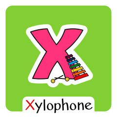 Obraz premium Alphabet for kids english letter X with xylophone image vector isolated colorful illustration