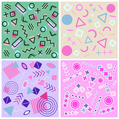  Memphis. Collection of patterns in fashionable fashion Memphis 80-90. for the design of covers, advertisements, posters, books, greeting cards and much more. Vector. Pastel color.