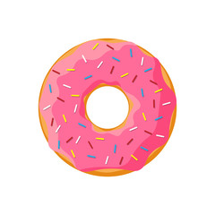 Cartoon colorful tasty donut isolated on white background. Glazed doughnut top view for cake cafe decoration or menu design. Vector illustration