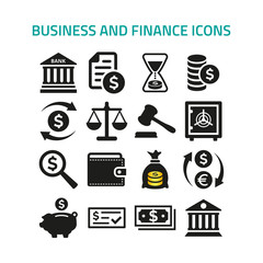 Business and finance icons set on white background.