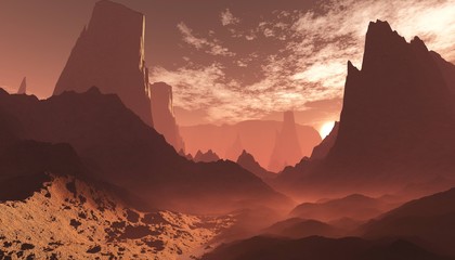 Planet Mars, an alien at sunset, the surface of Mars, canyons on Mars, 3D rendering