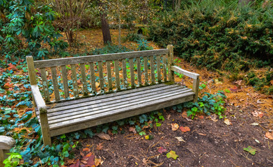 PRINCETON, NJ USA - NOVENBER 12, 2019: Princeton University park wooden bench, garden design.