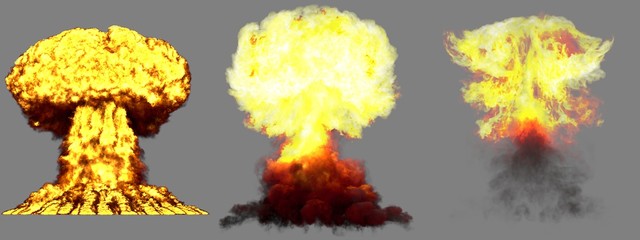 3D illustration of explosion - 3 huge very highly detailed different phases mushroom cloud explosion of nuclear bomb with smoke and fire isolated on grey