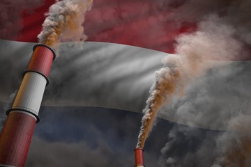 Pollution fight in Netherlands concept - industrial 3D illustration of two huge factory chimneys with heavy smoke on flag background
