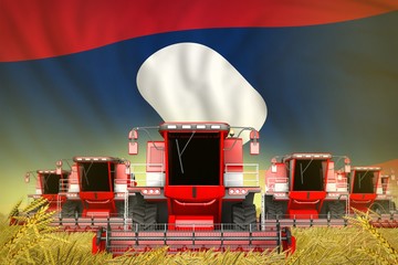 many red farming combine harvesters on rye field with Lao People Democratic Republic flag background - front view, stop starving concept - industrial 3D illustration