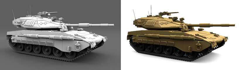 Fototapeta na wymiar desert color and light grey miltary tanks with fictional design isolated, detailed modern tanks concept - military 3D Illustration