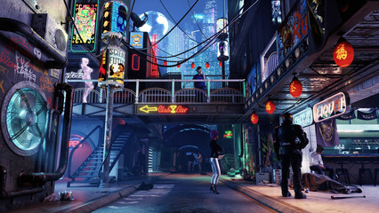 Cyberpunk city concept, alley street, night 3D Rendering