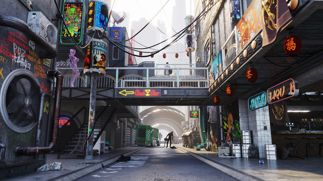 Cyberpunk city concept, alley street, daytime 3D Rendering
