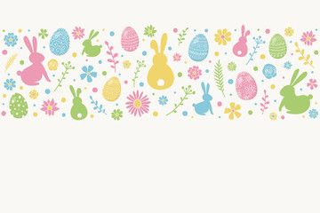 Easter background with colourful eggs, bunnies and flowers. Vector