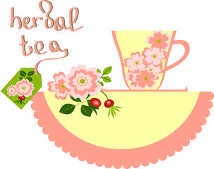 Vector illustration on a white background. The mug filled with flowers of rose hips, a napkin, a branch of rose hips with berries. the inscription "herbal tea" fnd the label of a tea bag with rose hip