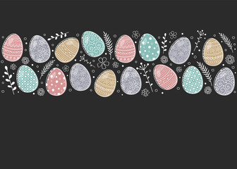 Easter background with hand drawn painted eggs. Vector