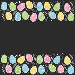 Easter background with hand drawn painted eggs. Vector
