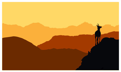 Naklejka premium A chamois stands on top of a hill with mountains in the background. Black silhouette with brown and orange background. Illustration.