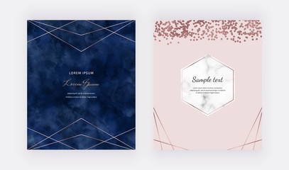 Navy blue watercolor background with rose gold confetti and geometric polygonal lines frames. Modern vector design for wedding invitation, greeting, banner, flyer, poster, save the date