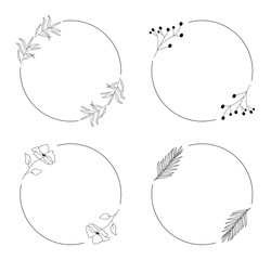 Gold round hand drawn botanical frames with leaves. Modern template for wedding invitation, greeting, banner, flyer, poster, save the date