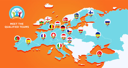 Fototapeta na wymiar European 2020 football championship Vector illustration with a map of Europe with highlighted countries flag that qualified to final stage and logo sign on orange background
