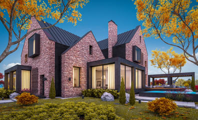 Fototapeta na wymiar 3d rendering of modern cozy clinker house on the ponds with garage and pool for sale or rent with beautiful landscaping on background. Soft autumn evening with golden leafs anywhere.