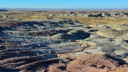 Landscape, panorama of erosive multi-colored clay in Petrified Forest National Park, Arizona