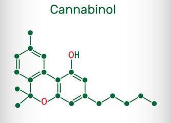 Cannabinol, CBN molecule. Weak psychoactive cannabinoid,  is a metabolite of tetrahydrocannabinol. Structural chemical formula