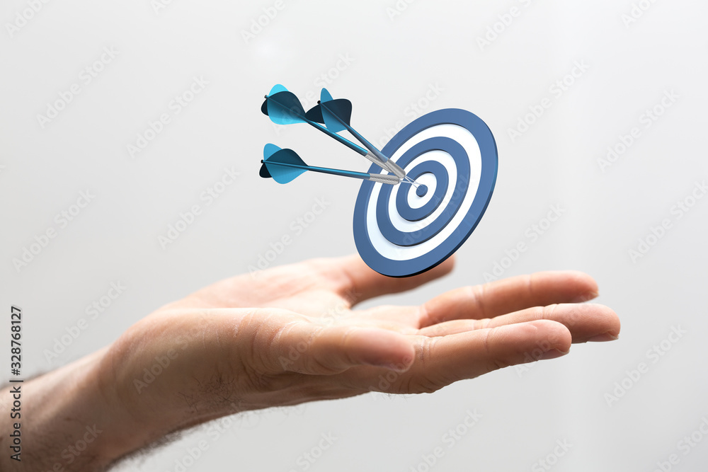Poster  makes a dart throw on the target. The concept of persistence in business..