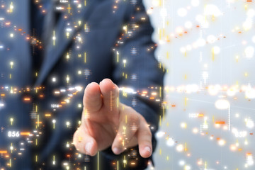 Businessman pressing document icon over computer binary code