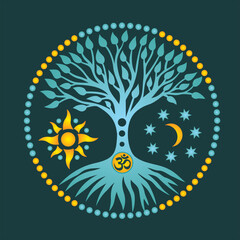 The tree of life in the center of the mandala. Sign om / aum, sun and moon. Spiritual mystical ecological symbol. Vector art graphic.