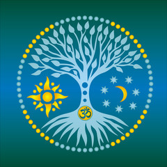 The tree of life with an om / aum sign on a blue and turquoise openwork background. Spiritual mystical and environmental symbol. Vector art graphic. - obrazy, fototapety, plakaty