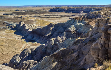 The Painted Desert on a sunny day. Diverse sedimentary rocks and clay washed out by water....