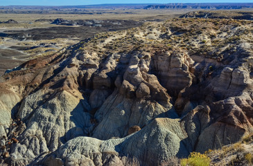 The Painted Desert on a sunny day. Diverse sedimentary rocks and clay washed out by water....